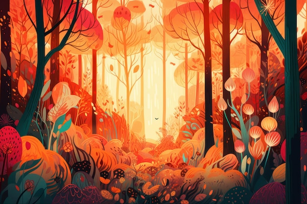 Un'illustrazione colorata di una foresta con un sole che splende su di essa.