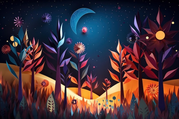 Un'illustrazione colorata di una foresta con una luna e stelle.