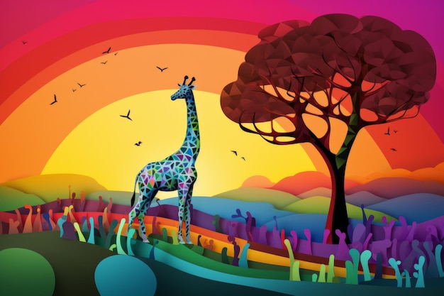 Un'illustrazione colorata di una giraffa in un campo con un arcobaleno e alberi.