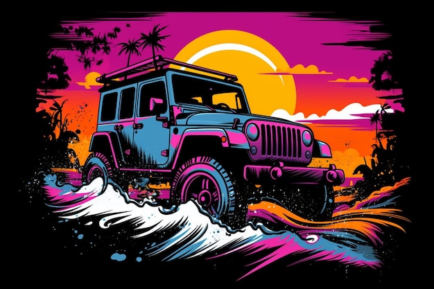 Un'illustrazione colorata di una jeep su una spiaggia con palme sullo sfondo.