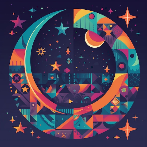 Un'illustrazione colorata di una luna e di stelle con una luna sullo sfondo.