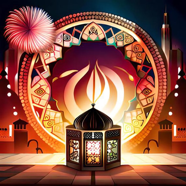 Un'illustrazione colorata di una moschea con un fuoco d'artificio nel mezzo.