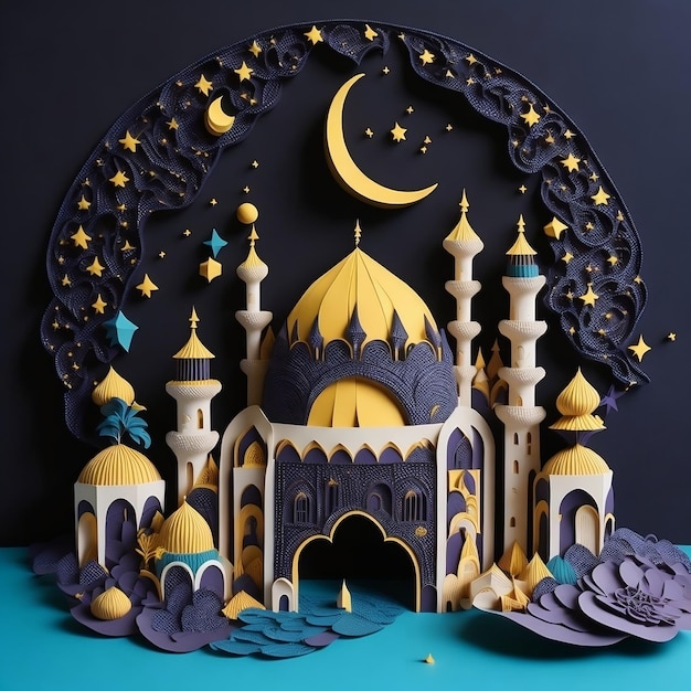 Un'illustrazione colorata di una moschea con una falce di luna e stelle nel cielo notturno