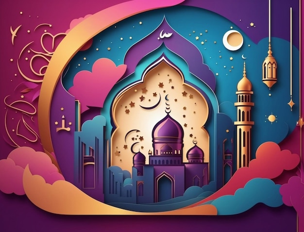 un'illustrazione colorata di una moschea con una luna e una moschea sullo sfondo