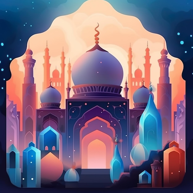 Un'illustrazione colorata di una moschea con uno sfondo di cielo