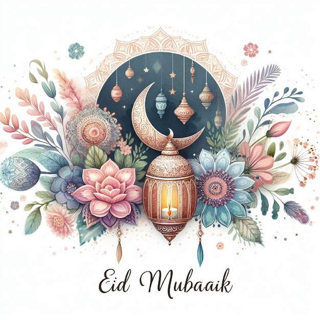 un'illustrazione colorata di una moschea e una lanterna con un disegno floreale