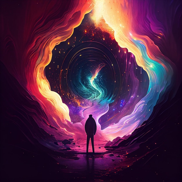 Un'illustrazione colorata di una persona in piedi davanti a un tunnel colorato che dice "l'universo"