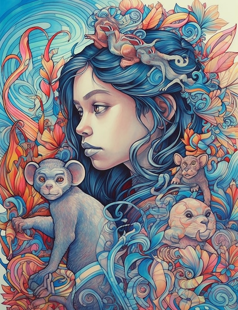 Un'illustrazione colorata di una ragazza con i capelli blu e i capelli blu e un cane sul fondo.