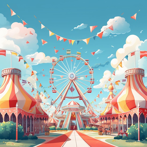 un'illustrazione colorata di una ruota panoramica con la parola merry go round su di essa