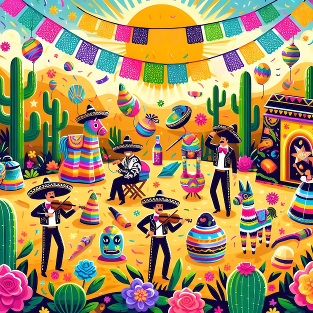 un'illustrazione colorata di una scena colorata del deserto con persone e una tenda con un sacco di persone in esso