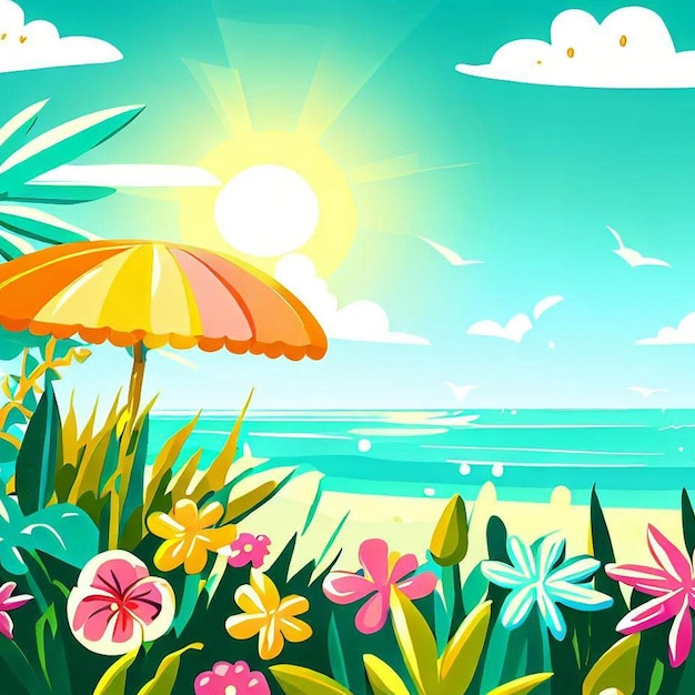 Un'illustrazione colorata di una scena di spiaggia con fiori e uno sprazzo di sole.