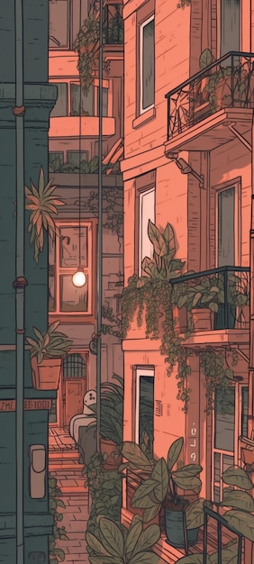 Un'illustrazione colorata di una scena di strada con un edificio e un cartello che dice "la casa"