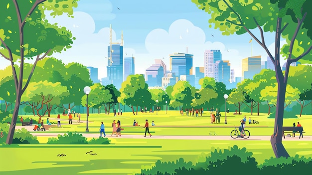 Un'illustrazione colorata di una scena in un parco con persone che si divertono all'aperto