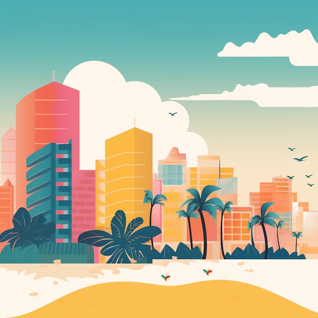 Un'illustrazione colorata di una spiaggia con palme e un edificio sullo sfondo.
