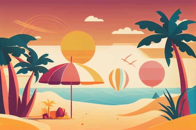 Un'illustrazione colorata di una spiaggia con una spiaggia e palme.