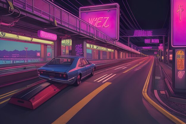 Un'illustrazione colorata di una strada con luci al neon in città Generative AI