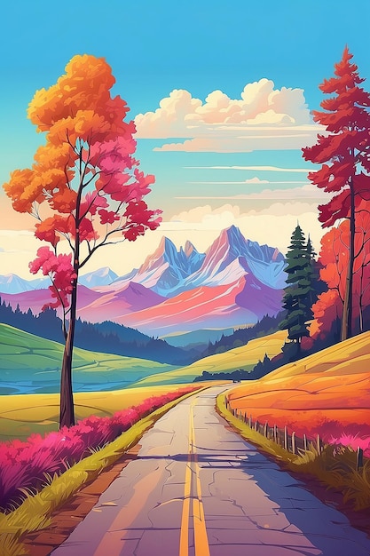 Un'illustrazione colorata di una strada di campagna con alberi e montagne sullo sfondo