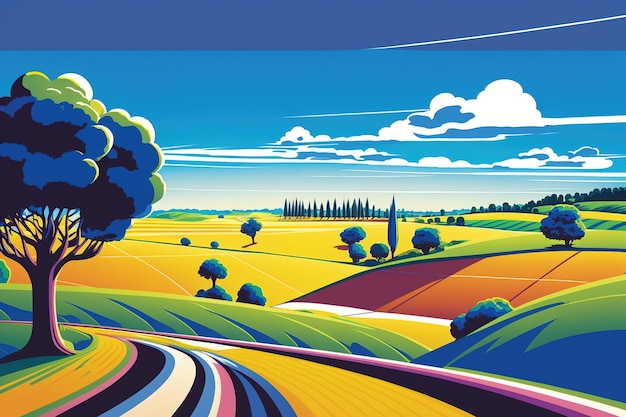 Un'illustrazione colorata di una strada di campagna con un cielo blu e alberi.
