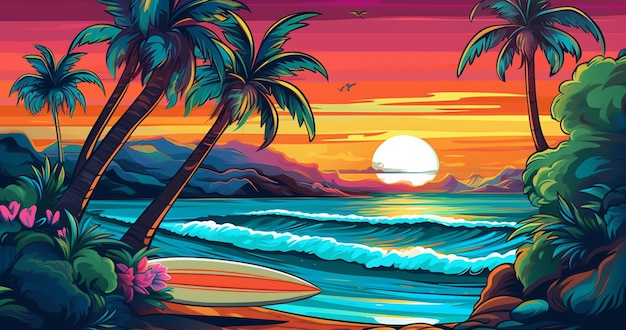 Un'illustrazione colorata di una tavola da surf con un tramonto sullo sfondo.