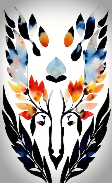 Un'illustrazione colorata di una testa di cervo con piume e la parola amore su di essa.