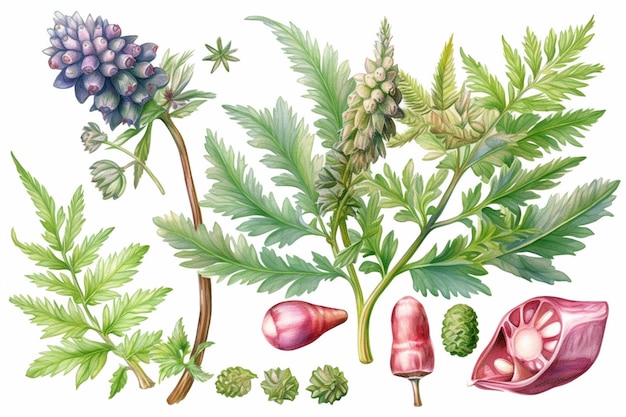 Un'illustrazione colorata di una varietà di piante tra cui un'uva.