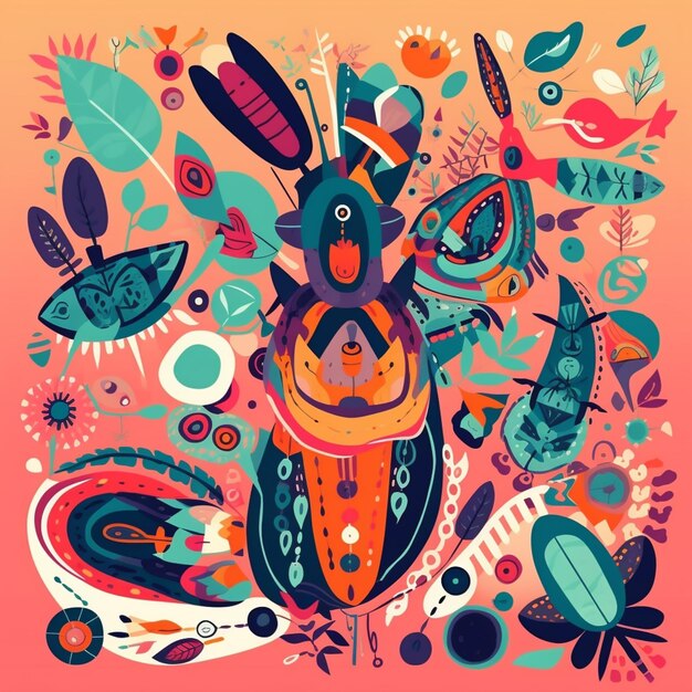 Un'illustrazione colorata di uno scarabeo con uno sfondo floreale.
