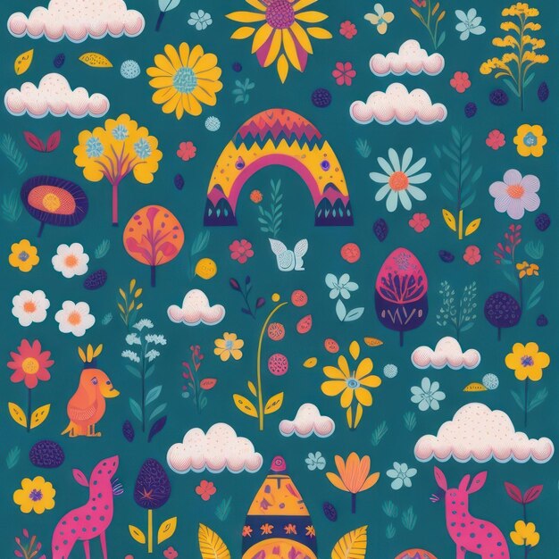 Un'illustrazione colorata di uno sfondo floreale colorato con un cervo, un cervo, un cervo, un cervo, una farfalla e fiori.