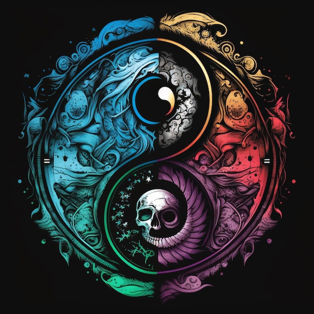 Un'illustrazione colorata di uno yin yang con un teschio e un teschio sul fondo.