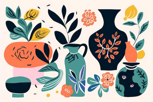 Un'illustrazione colorata di vasi e vasi con una faccia e un fiore sul fondo.