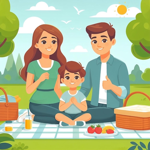 Un'illustrazione colorata in stile piatto con una famiglia in un picnic estivo