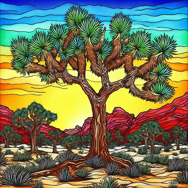 Un'illustrazione colorata in vetro colorato di un paesaggio desertico con un albero in primo piano.
