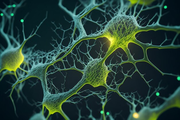 Un'illustrazione concettuale del primo piano che mostra l'intricata bellezza delle cellule neuronali