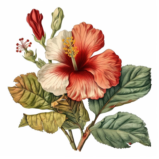 Un'illustrazione d'epoca di un fiore di ibisco rosso.