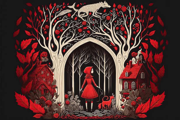 Un'illustrazione da favola del racconto epico fantasy di Little Red Riding Hood vintage IA generativa