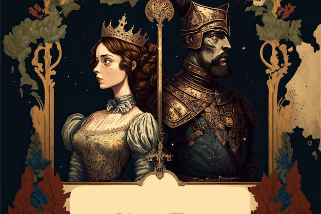 Un'illustrazione da favola di un cavaliere e di un racconto epico di fantasia principessa vintage IA generativa