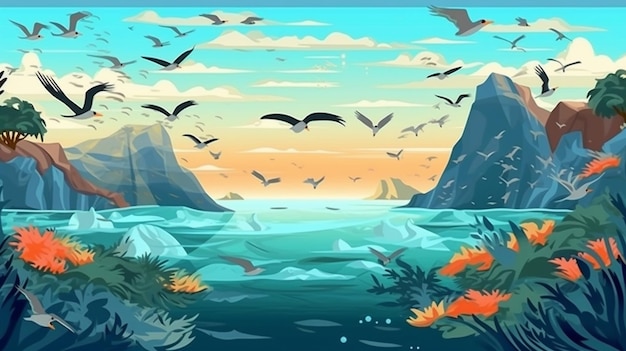 Un'illustrazione del fumetto di una bellissima isola tropicale con uccelli che sorvolano l'acqua generativa ai