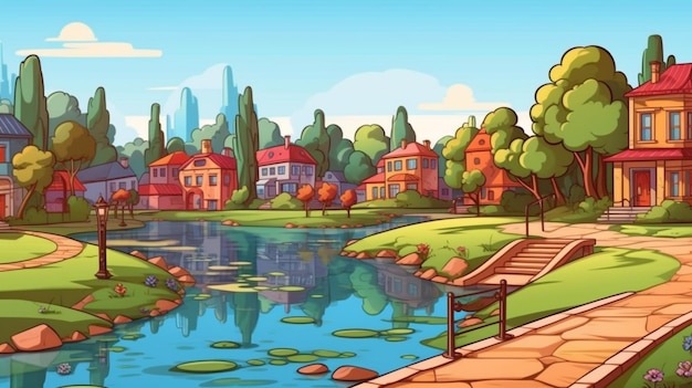 Un'illustrazione del fumetto di una piccola città con un fiume e un ponte generativo ai