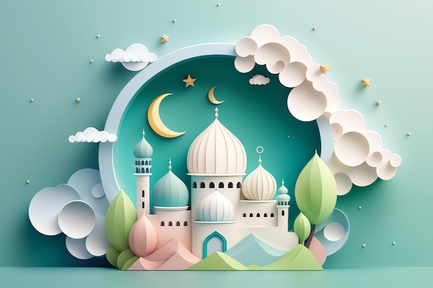 Un'illustrazione del taglio della carta di una moschea e di una carta da parati di tema di ramadhan di eid mubarak della luna