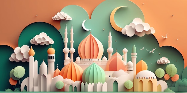 Un'illustrazione del taglio della carta di una moschea e di una luna.