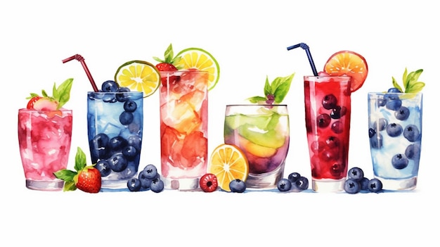 Un'illustrazione dell'acquerello di diversi cocktail tra cui mirtilli, mirtilli e arance.