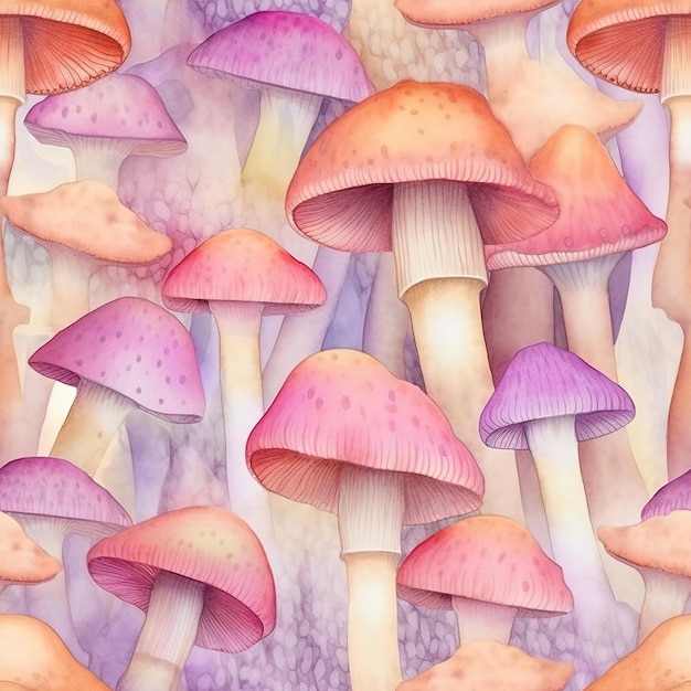 Un'illustrazione dell'acquerello di funghi viola con uno sfondo viola.