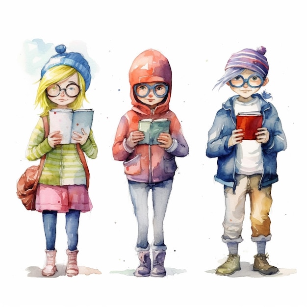 Un'illustrazione dell'acquerello di tre bambini che leggono libri.