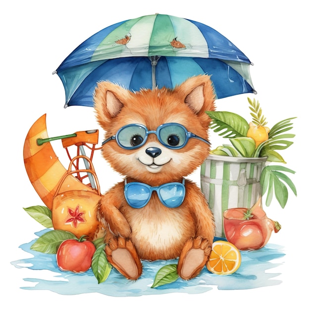 Un'illustrazione dell'acquerello di un cane con un farfallino blu e un ombrello blu