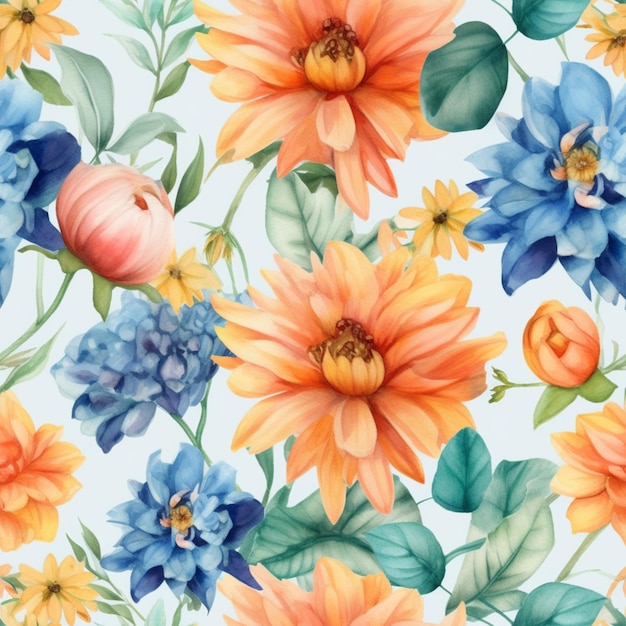 Un'illustrazione dell'acquerello di un motivo floreale con fiori e foglie blu e arancioni.