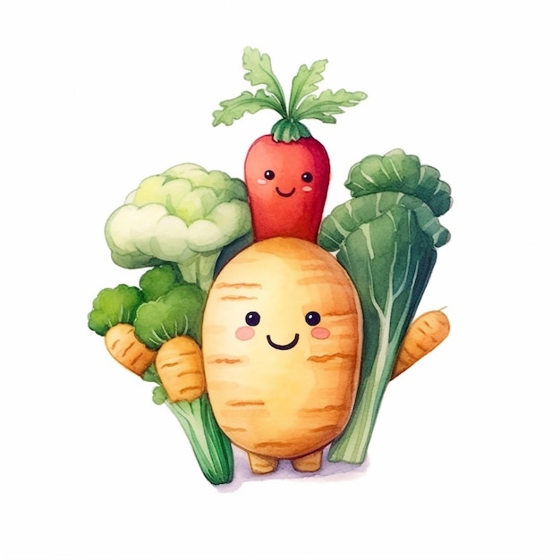 Un'illustrazione dell'acquerello di una carota e di un broccolo con una faccia sorridente.