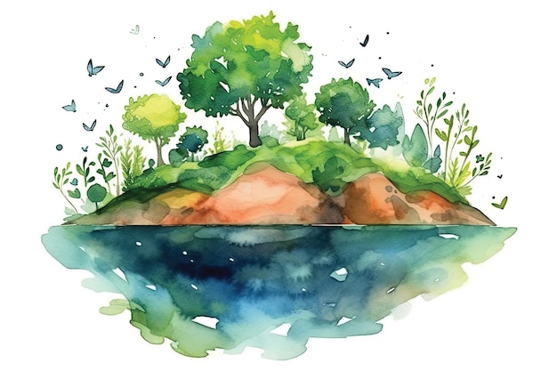 Un'illustrazione dell'acquerello di una piccola isola con alberi e piante.