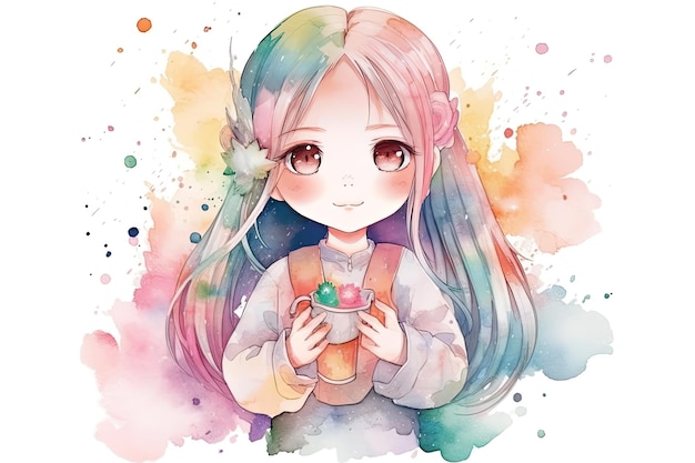 Un'illustrazione dell'acquerello di una ragazza che tiene una tazza di caffè.