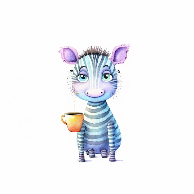 Un'illustrazione dell'acquerello di una zebra che tiene una tazza di caffè.