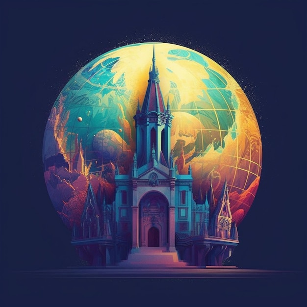 Un'illustrazione dell'immagine di una chiesa con un globo sullo sfondo AI generativo