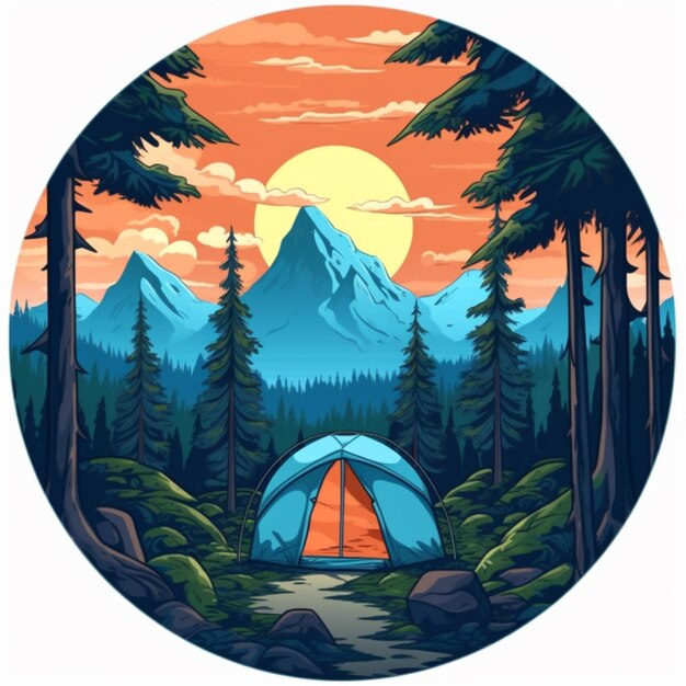 un'illustrazione dell'immagine di una tenda nel bosco con una montagna sullo sfondo ai generativa